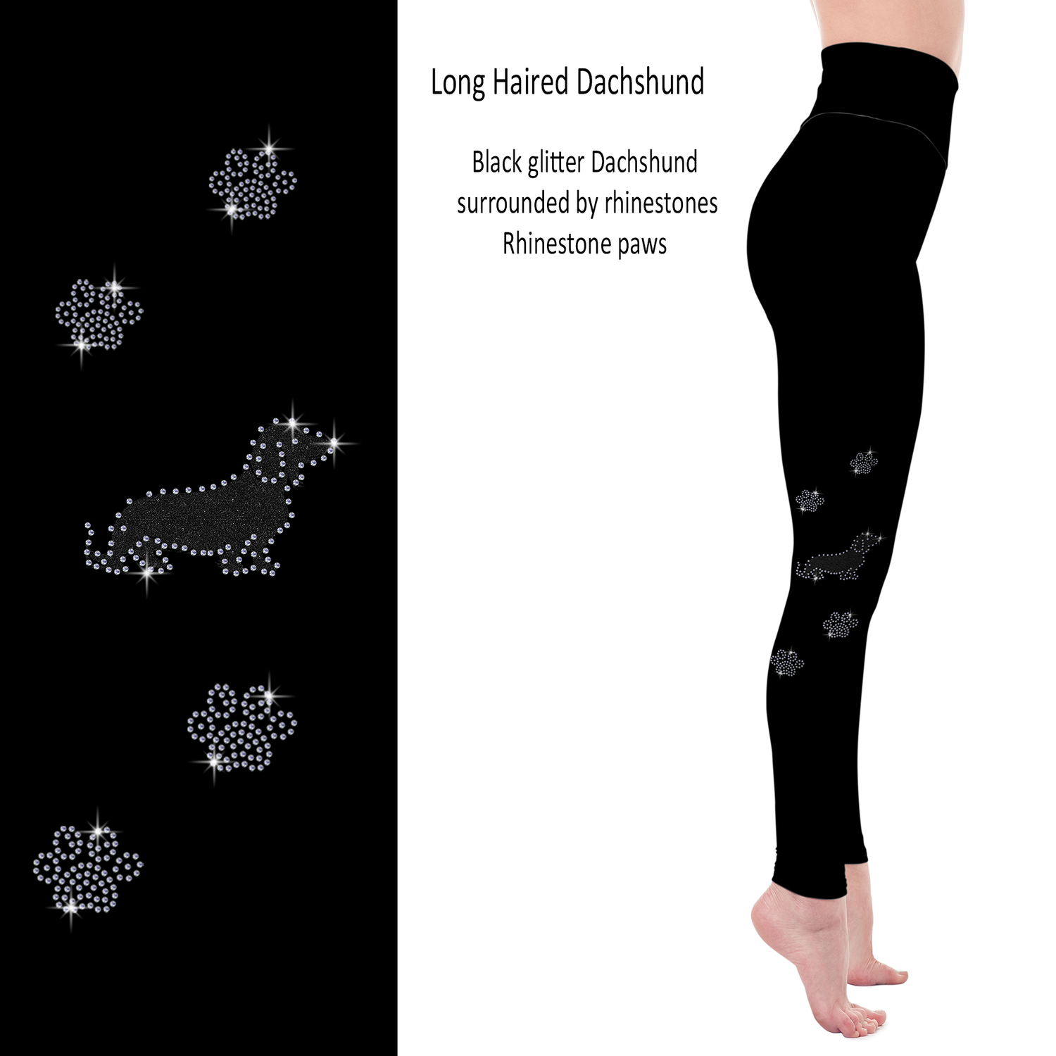 Long Haired Dachshund Rhinestone Leggings with Pockets - White or Black Glitter MM